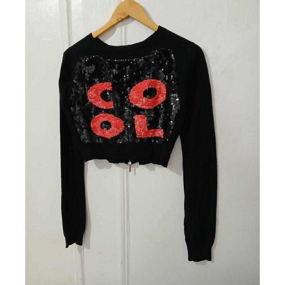 Who's who womens small Sweater cashmere wool angora black pink full zip sequin